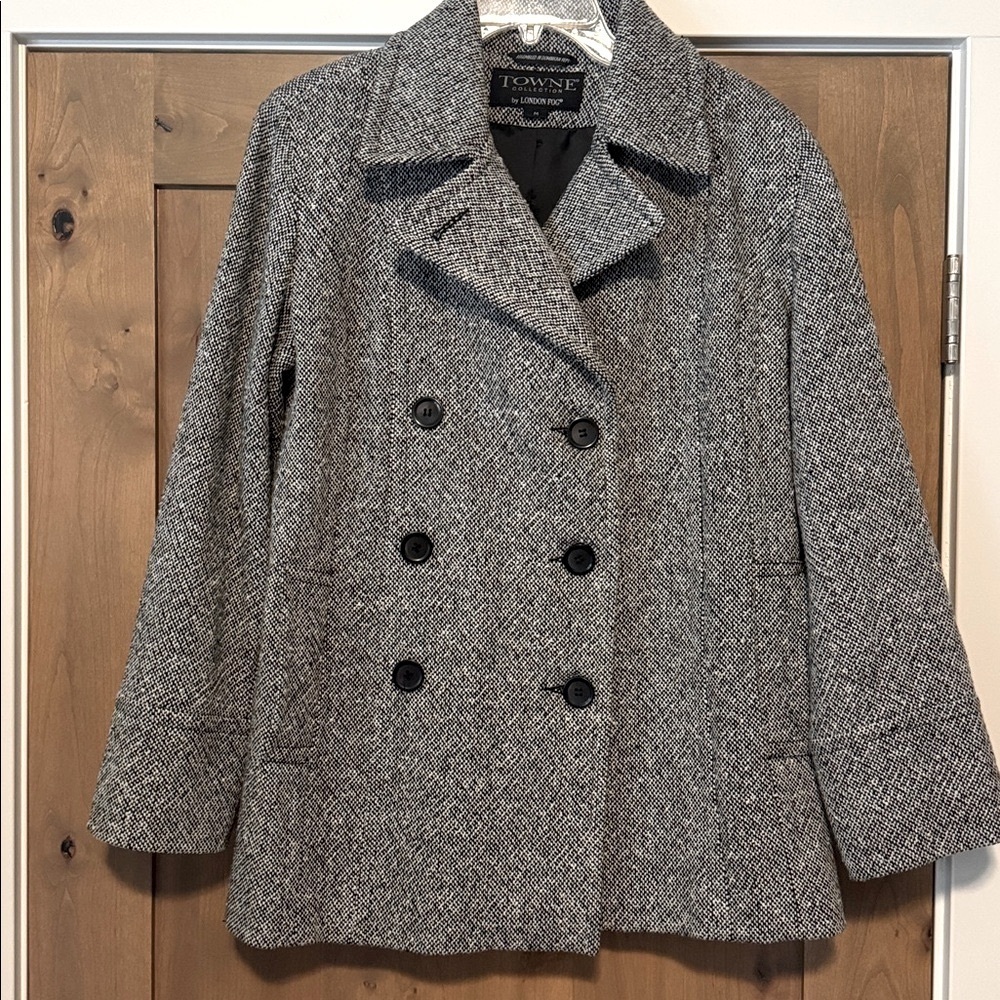 London Fog Womens M Pea Coat Wool Blend Double Breasted Tweed Blk/Wht Classic
